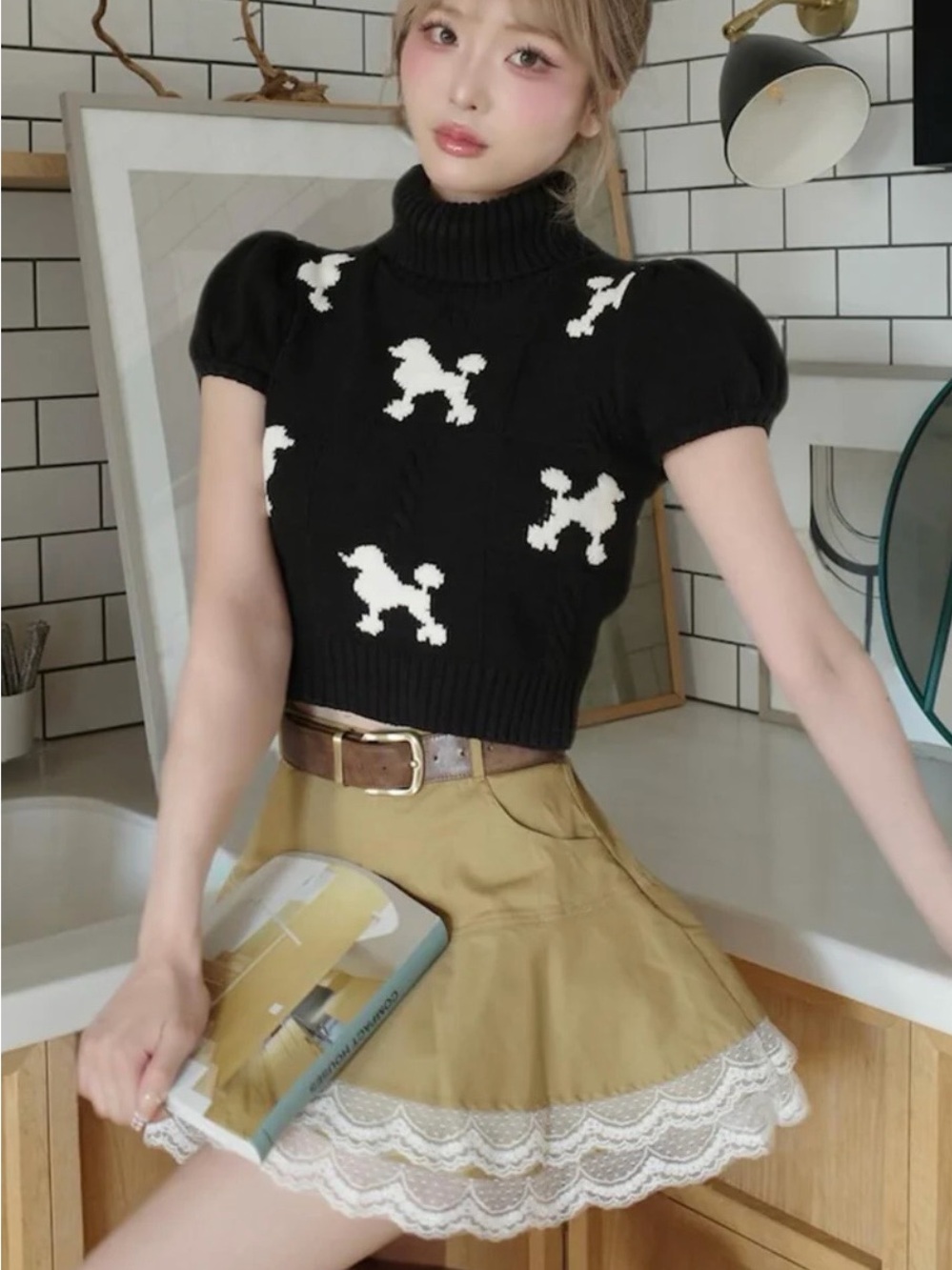 Darich Black Cropped Turtleneck Sweater with White Poodles